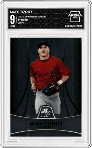 Mike Trout from the 2010 Bowman Platinum set graded by Arena Club and given an overall grade of 9.