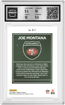 Joe Montana from the 2023 Panini Donruss set graded by Arena Club and given an overall grade of 10.