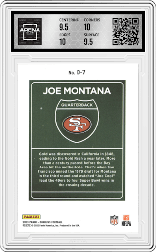Joe Montana from the 2023 Panini Donruss set graded by Arena Club and given an overall grade of 10.