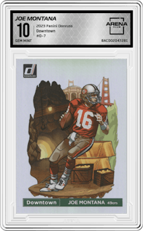 Joe Montana from the 2023 Panini Donruss set graded by Arena Club and given an overall grade of 10.