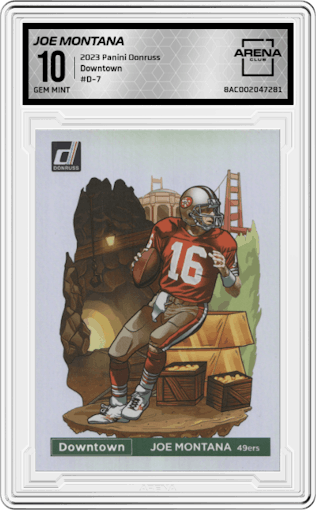 Joe Montana from the 2023 Panini Donruss set graded by Arena Club and given an overall grade of 10.