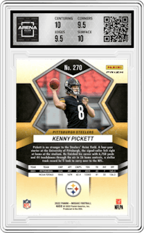 Kenny Pickett from the 2022 Panini Mosaic set featuring a Reactive Orange parallel graded by Arena Club and given an overall grade of 10.