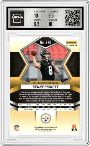 Kenny Pickett from the 2022 Panini Mosaic set featuring a Reactive Orange parallel graded by Arena Club and given an overall grade of 10.
