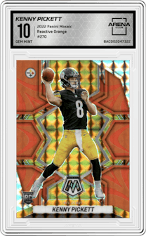 Kenny Pickett from the 2022 Panini Mosaic set featuring a Reactive Orange parallel graded by Arena Club and given an overall grade of 10.