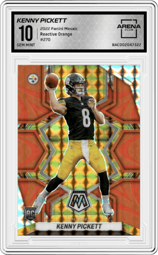 Kenny Pickett from the 2022 Panini Mosaic set featuring a Reactive Orange parallel graded by Arena Club and given an overall grade of 10.