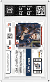 Bailey Zappe from the 2022 Panini Contenders Optic set graded by Arena Club and given an overall grade of 9.5.
