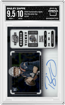Bailey Zappe from the 2022 Panini Contenders Optic set graded by Arena Club and given an overall grade of 9.5.