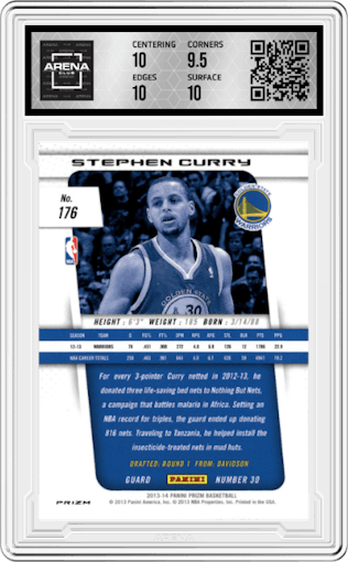Stephen Curry from the 2013-14 Panini Prizm set featuring a Green Prizm parallel graded by Arena Club and given an overall grade of 10.