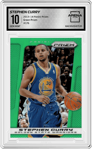 Stephen Curry from the 2013-14 Panini Prizm set featuring a Green Prizm parallel graded by Arena Club and given an overall grade of 10.