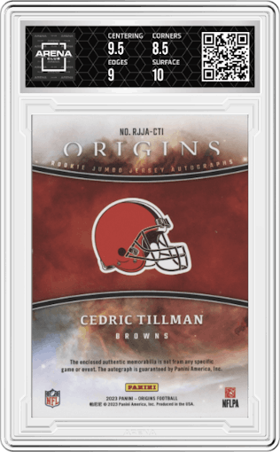 Cedric Tillman from the 2023 Panini Origins set featuring a Green parallel graded by Arena Club and given an overall grade of 9.