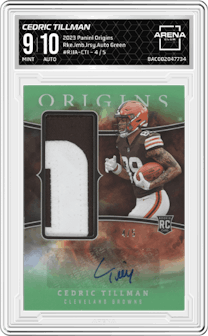Cedric Tillman from the 2023 Panini Origins set featuring a Green parallel graded by Arena Club and given an overall grade of 9.