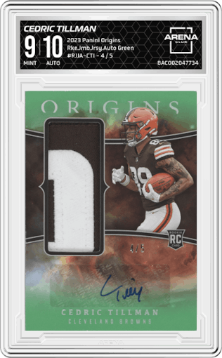 Cedric Tillman from the 2023 Panini Origins set featuring a Green parallel graded by Arena Club and given an overall grade of 9.