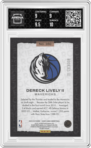 Dereck Lively II from the 2023-24 Panini Court Kings set graded by Arena Club and given an overall grade of 9.5.