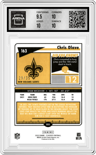 Chris Olave from the 2022 Panini Classics set featuring a H2 Premium Edition Timeless Tributes Red parallel graded by Arena Club and given an overall grade of 10.