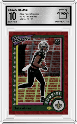 Chris Olave from the 2022 Panini Classics set featuring a H2 Premium Edition Timeless Tributes Red parallel graded by Arena Club and given an overall grade of 10.