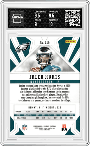 Jalen Hurts from the 2020 Panini Phoenix set featuring a Fire Burst parallel graded by Arena Club and given an overall grade of 9.5.