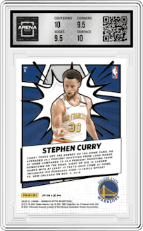 Stephen Curry from the 2020-21 Panini Donruss Optic set featuring a Holo parallel graded by Arena Club and given an overall grade of 10.