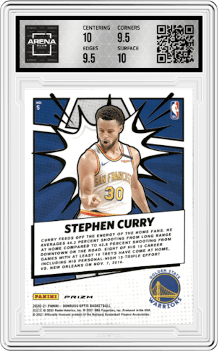 Stephen Curry from the 2020-21 Panini Donruss Optic set featuring a Holo parallel graded by Arena Club and given an overall grade of 10.