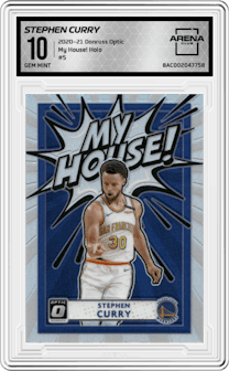Stephen Curry from the 2020-21 Panini Donruss Optic set featuring a Holo parallel graded by Arena Club and given an overall grade of 10.