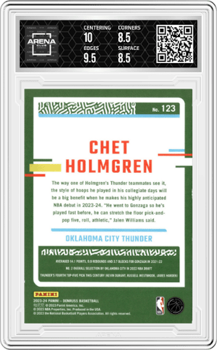 Chet Holmgren from the 2023-24 Panini Donruss set featuring a Holo Laser parallel graded by Arena Club and given an overall grade of 9.