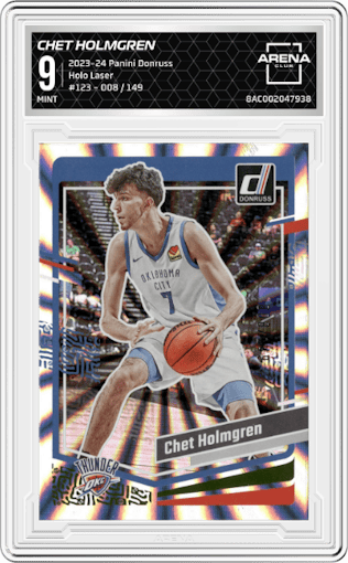 Chet Holmgren from the 2023-24 Panini Donruss set featuring a Holo Laser parallel graded by Arena Club and given an overall grade of 9.