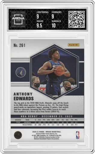 Anthony Edwards from the 2020-21 Panini Mosaic set featuring a Silver parallel graded by Arena Club and given an overall grade of 9.5.