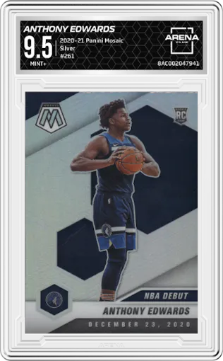 Anthony Edwards from the 2020-21 Panini Mosaic set featuring a Silver parallel graded by Arena Club and given an overall grade of 9.5.