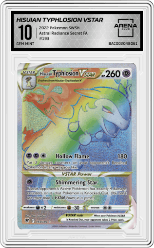 Hisuian Typhlosion VSTAR from the 2022 Pokemon SWSH set graded by Arena Club and given an overall grade of 10.