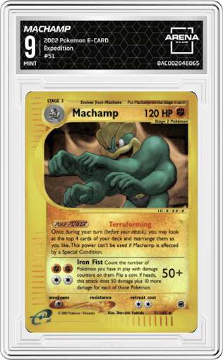 Machamp from the 2002 Pokemon E-CARD set graded by Arena Club and given an overall grade of 9.