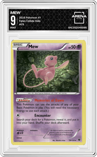 Mew from the 2016 Pokemon XY set graded by Arena Club and given an overall grade of 9.