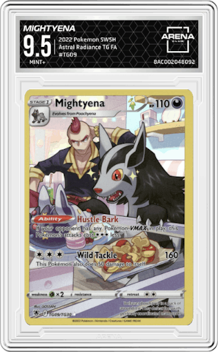 Mightyena from the 2022 Pokemon SWSH set graded by Arena Club and given an overall grade of 9.5.