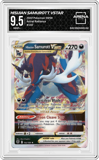 Hisuian Samurott VSTAR from the 2022 Pokemon SWSH set graded by Arena Club and given an overall grade of 9.5.