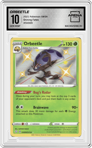 Orbeetle from the 2021 Pokemon SWSH set graded by Arena Club and given an overall grade of 10.