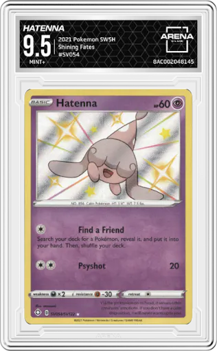 Hatenna from the 2021 Pokemon SWSH set graded by Arena Club and given an overall grade of 9.5.