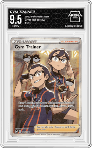 Gym Trainer from the 2022 Pokemon SWSH set graded by Arena Club and given an overall grade of 9.5.