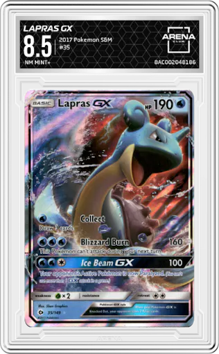 Lapras GX from the 2017 Pokemon S&M set graded by Arena Club and given an overall grade of 8.5.