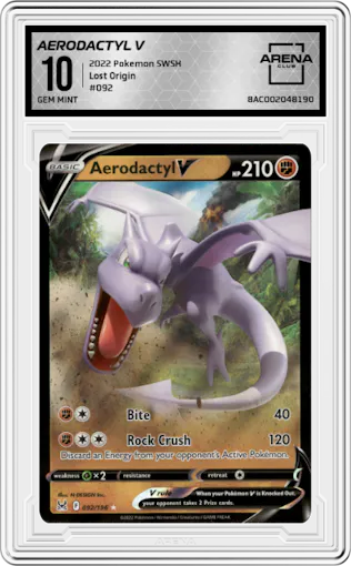 Aerodactyl V from the 2022 Pokemon SWSH set graded by Arena Club and given an overall grade of 10.
