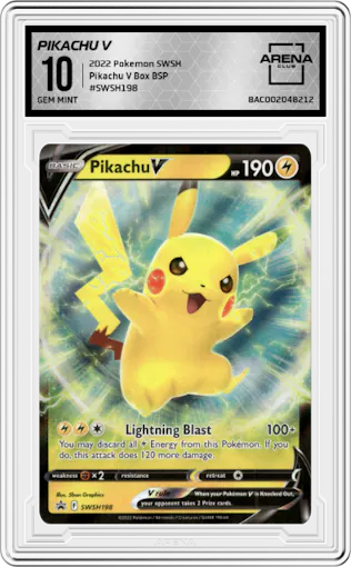Pikachu V from the 2022 Pokemon SWSH set featuring a Pikachu V Box parallel graded by Arena Club and given an overall grade of 10.
