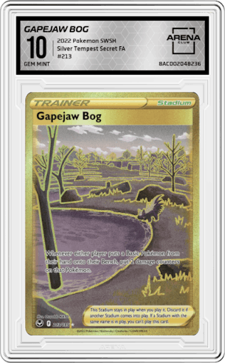 Gapejaw Bog from the 2022 Pokemon SWSH set graded by Arena Club and given an overall grade of 10.
