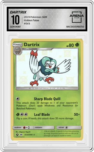 Dartrix from the 2019 Pokemon S&M  set graded by Arena Club and given an overall grade of 10.