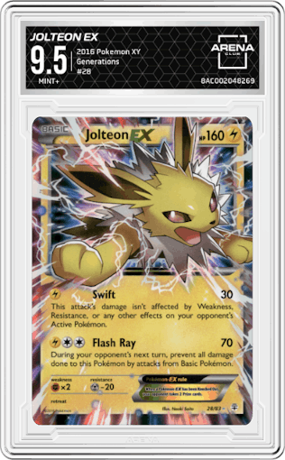 Jolteon EX from the 2016 Pokemon XY set graded by Arena Club and given an overall grade of 9.5.