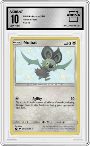 Noibat from the 2019 Pokemon S&M  set graded by Arena Club and given an overall grade of 10.