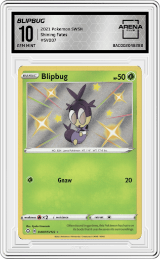 Blipbug from the 2021 Pokemon SWSH set graded by Arena Club and given an overall grade of 10.