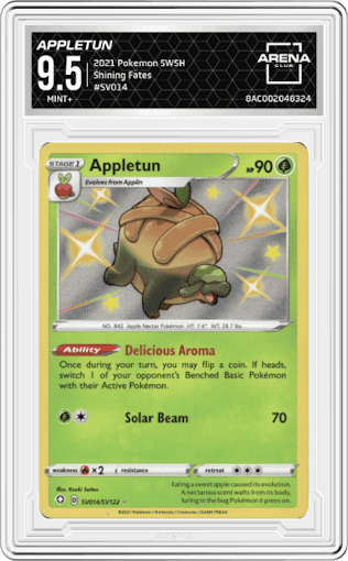 Appletun from the 2021 Pokemon SWSH set graded by Arena Club and given an overall grade of 9.5.