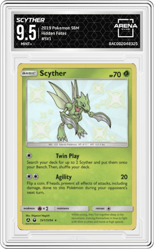 Scyther from the 2019 Pokemon S&M  set graded by Arena Club and given an overall grade of 9.5.