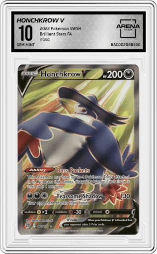 Honchkrow V from the 2022 Pokemon SWSH set graded by Arena Club and given an overall grade of 10.