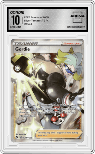 Gordie from the 2022 Pokemon SWSH set graded by Arena Club and given an overall grade of 10.