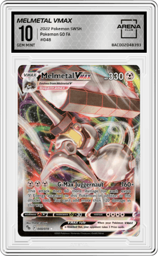 Melmetal VMAX from the 2022 Pokemon SWSH set graded by Arena Club and given an overall grade of 10.