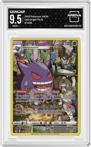 Gengar from the 2022 Pokemon SWSH set graded by Arena Club and given an overall grade of 9.5.