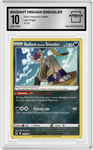 Radiant Hisuian Sneasler from the 2022 Pokemon SWSH set graded by Arena Club and given an overall grade of 10.